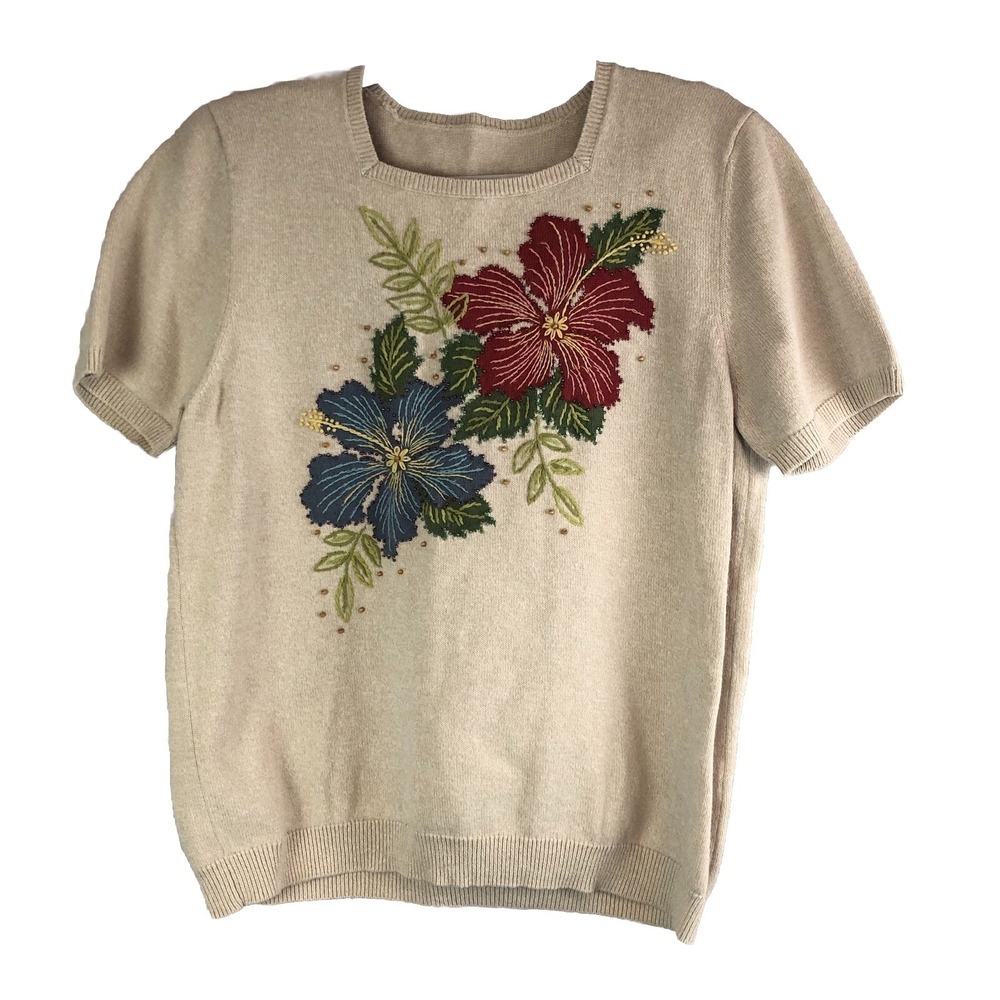 Alfred Dunner Womens Shirt Large Short Sleeve Sweater Beaded Floral Embroidered